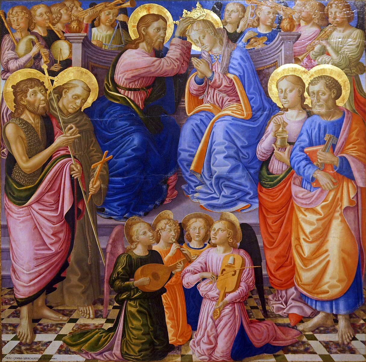 Mary being crowned in Heaven, surrounded by angels and saints